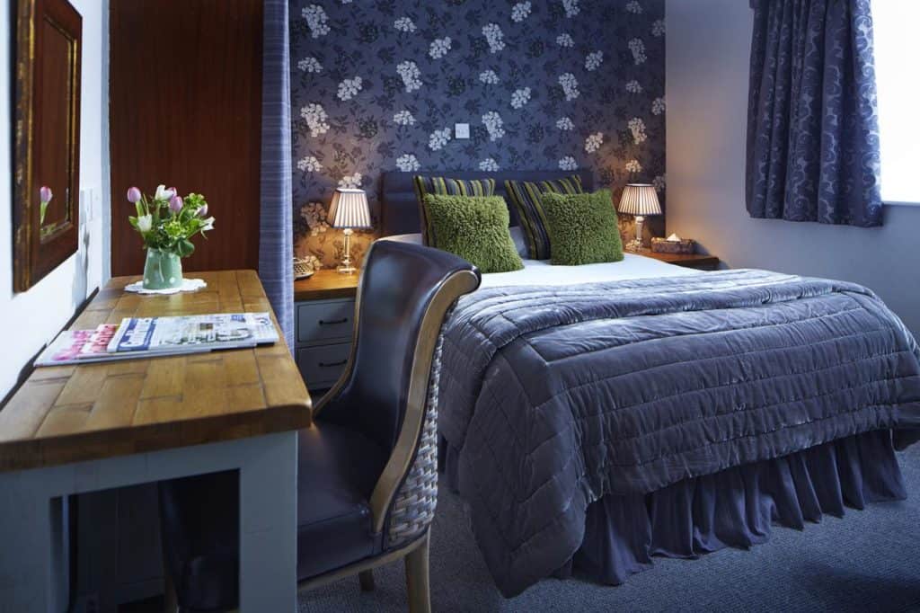 Beautiful Blue & Green-themed Double-bed room at kid-friendly Drayton Court Hotel 