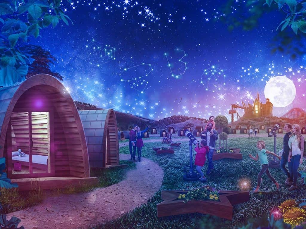 Families with children enjoying stargazing pods at Alton Towers Resort