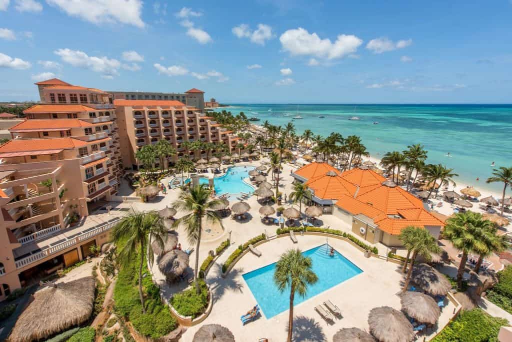 Aerial view of the whole Playa Linda Beach Resort with 2 swimming pools and beach at the edge