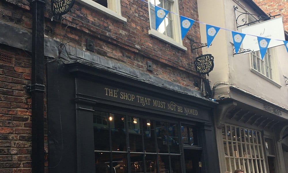 Store fron of The Shop That Must Not be Named in York, inspired by Harry Potter series