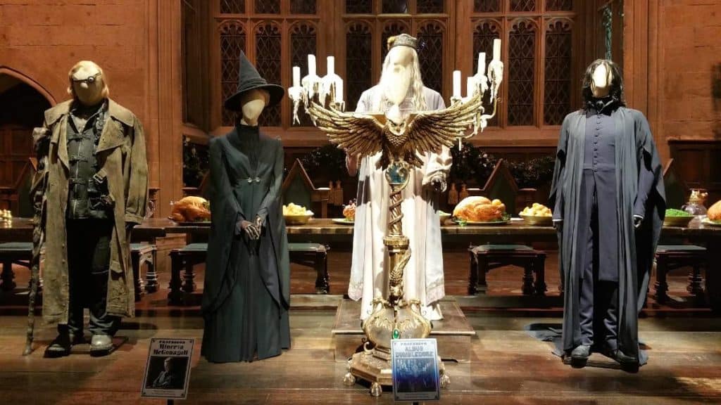 Albus dumbledore, severus snape, mad eye moody, professor minerva mcgonagall, and other cast member's costumes inside kid-friendly harry potter studios london