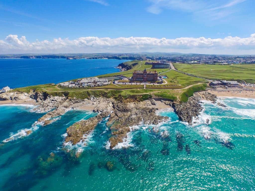 View from the air of the family friendly Headland Hotel and Spa in Cornwall