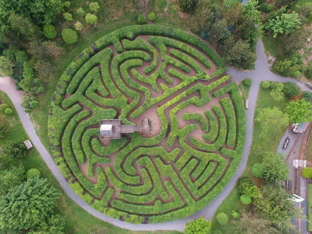 Birds eye view of the maze at Hidden Valley Discovery Park in Launceston, Cornwall