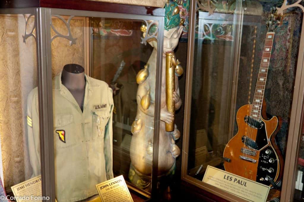 memorabilia from the world's most popular in the music scene like the beatles and jimi hendrix displayed at legendary hard rock cafe