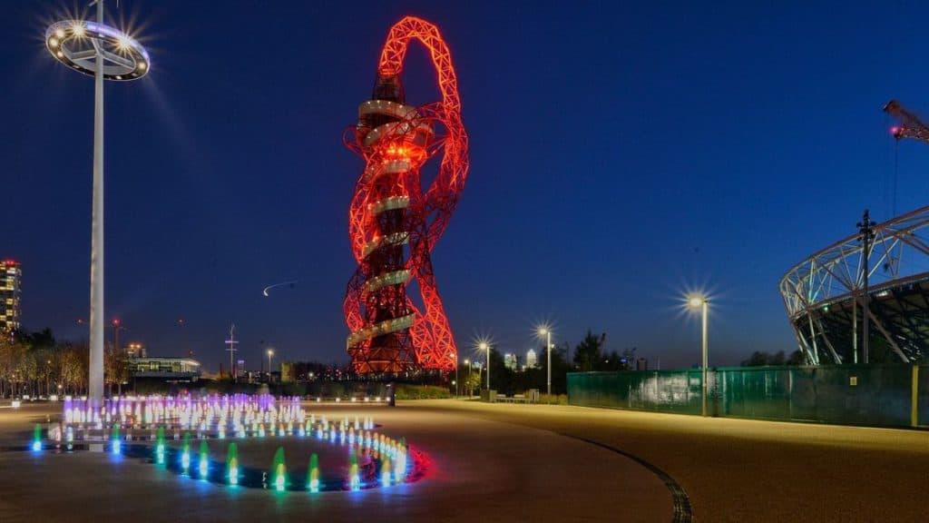 night time look of the world's longest tunnel slide at arcelormittal orbit