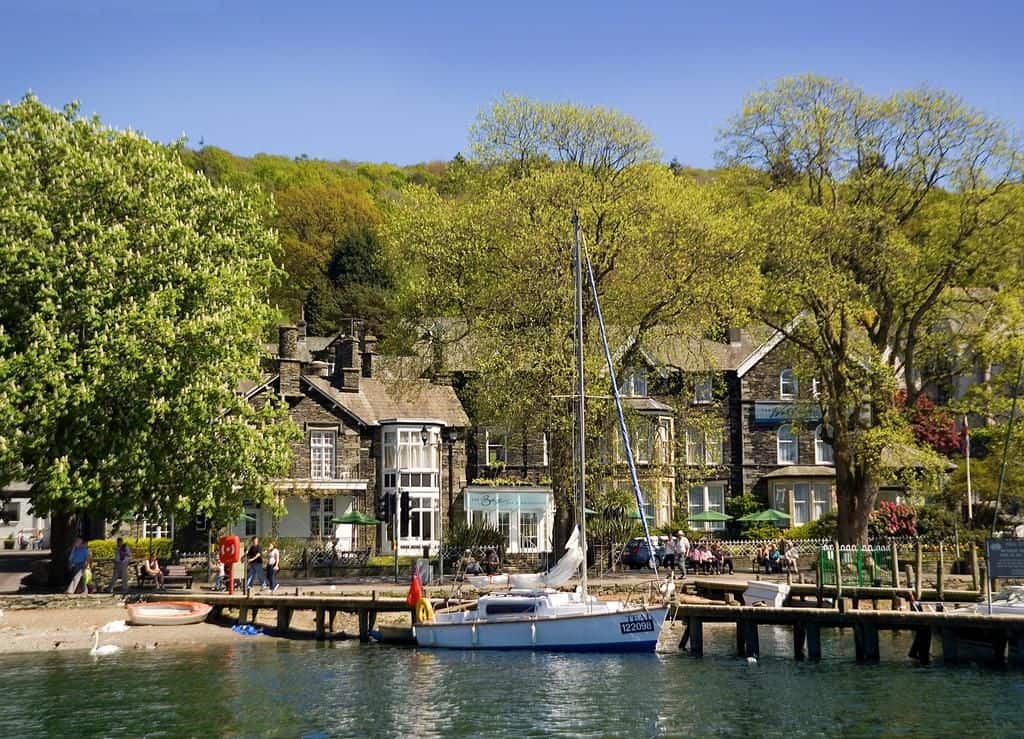 view of the waterhead hotel on the lake in the lake district