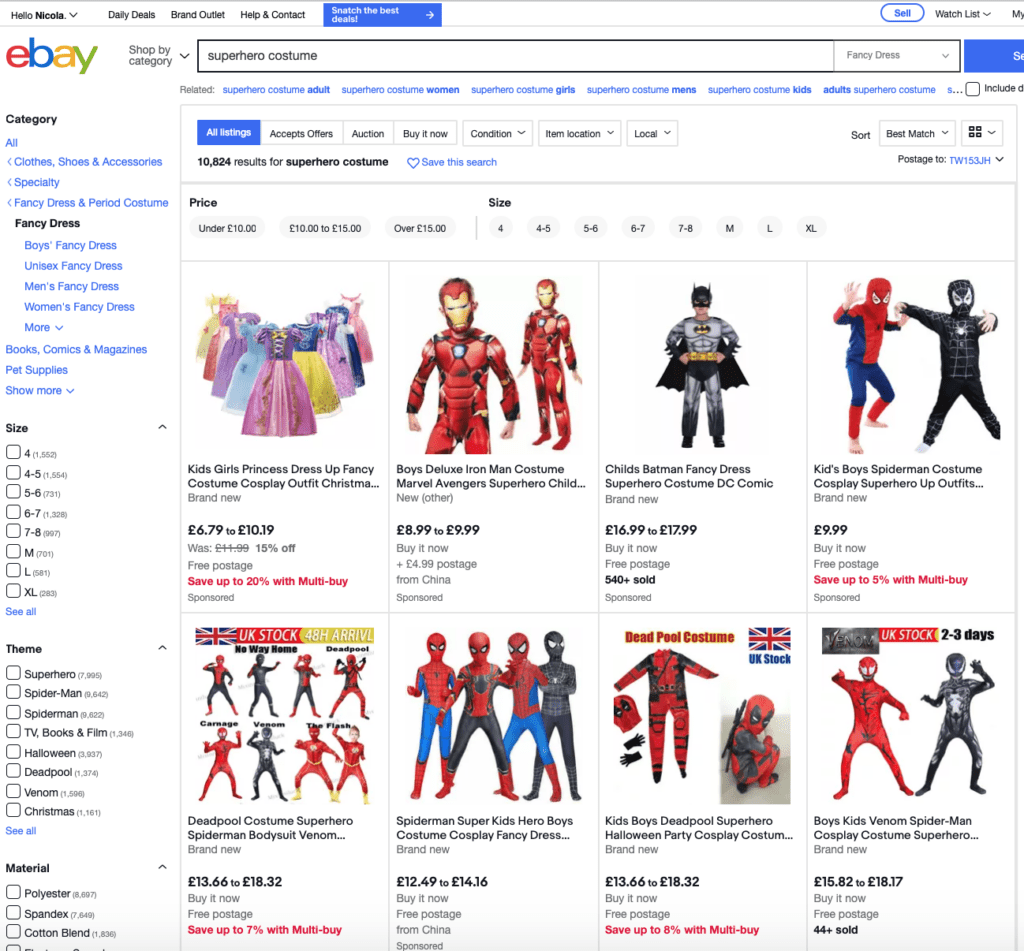 superhero costumes on ebay